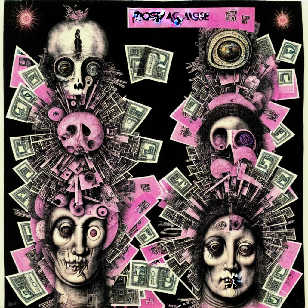 Image similar to post - punk new age album cover, asymmetrical design, dollar bank notes, capitalism, magic, apocalypse, psychedelic, black white pink, magic, giger h. r., giuseppe arcimboldo