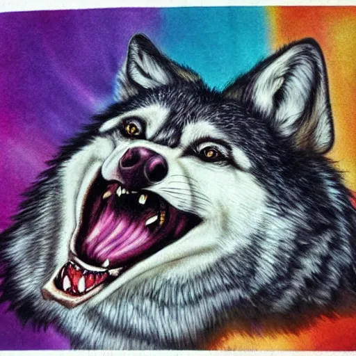 Prompt: realistic portrait of retarded wolf, eyes in different directions, vivid colors, propaganda style, it looks sick, very ugly face, missing teeth