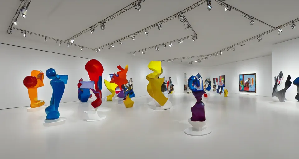 Prompt: cubist shapes in a koons gallery, shiny sculptures, in a white wall museum, reflective floors, pre open,