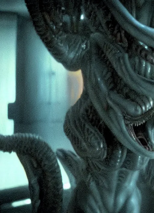 Image similar to cinematic film still of kim kardashian pushed against a wall by an xenomorph in Alien.