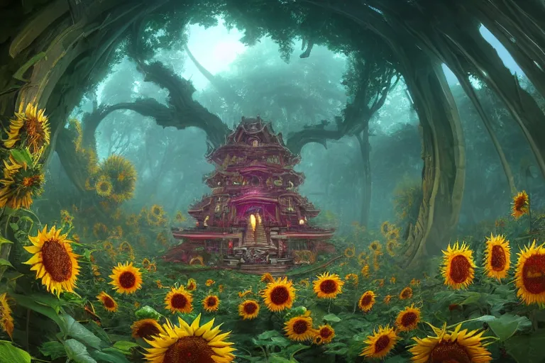 Image similar to Spiral temple, overgrown by sunflowers, fisheye by Quentin Mabille and Andreas Rocha and Raphael Lacoste, ruby skull, emerald refraction, rubies, overcast, fog, diamonds, unreal engine, trending on artstation