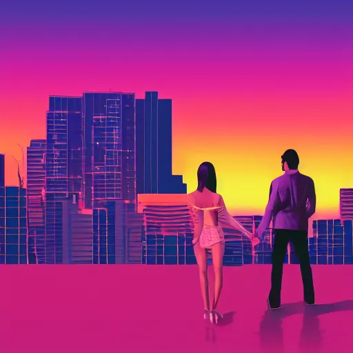 Image similar to a synthwave sunset with a man and woman staring at the sunset