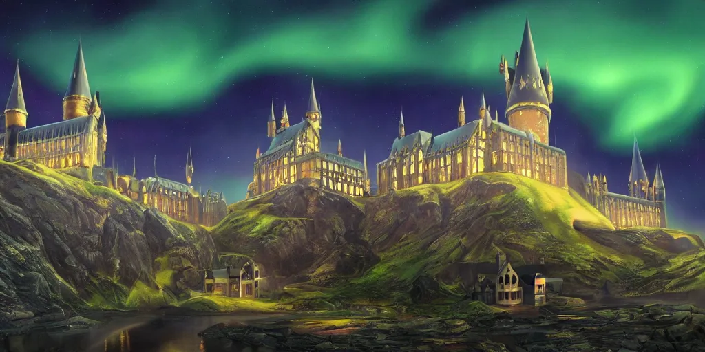 Prompt: mysterious painting of Hogwarts under the northern lights, immaculate scale, hyper-realistic, Unreal Engine, Octane Render, digital art, trending on Artstation, 16k, detailed, atmospheric, immaculate