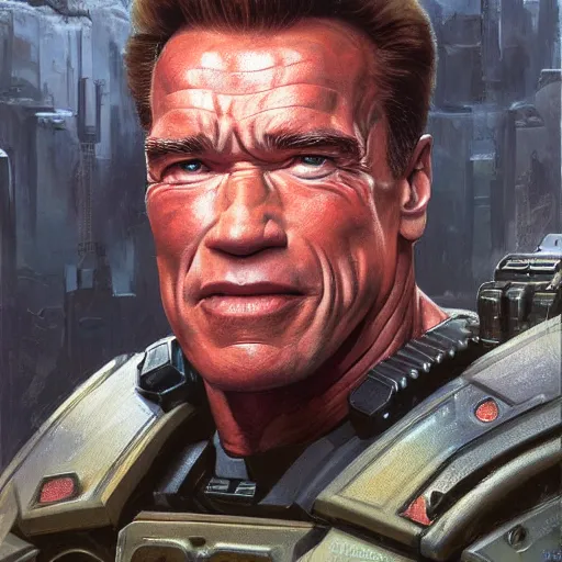 Prompt: Arnold Schwarzenegger as the Doomguy, closeup character art by Donato Giancola, Craig Mullins, digital art, trending on artstation