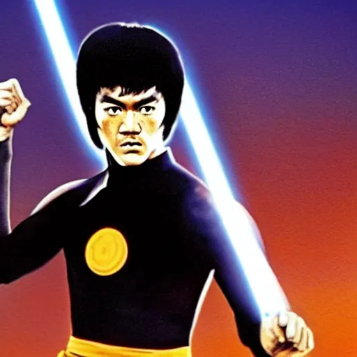 Image similar to bruce lee as a jedi in star wars episode 3, 8k resolution, full HD, cinematic lighting, award winning, anatomically correct