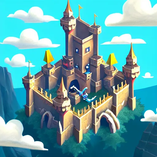 Image similar to flying castle location. game illustration, gamedev, game, design, mobile, aerial view, isometric, blizzard, playrix, nexters, intricate, elegant, pixel perfect, fantasy, highly detailed, digital painting, trending on artstation, sharp focus, by irina knk, by ann bruhanova, by zze festa, by tatiana gromova, 4 k