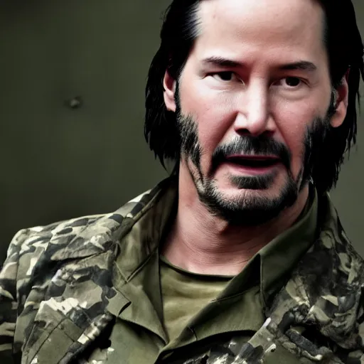 Image similar to keanu reeves wearing military outfit and camouflage cinematic photoshoot high quality highly affordable photo realistic 8 k hd