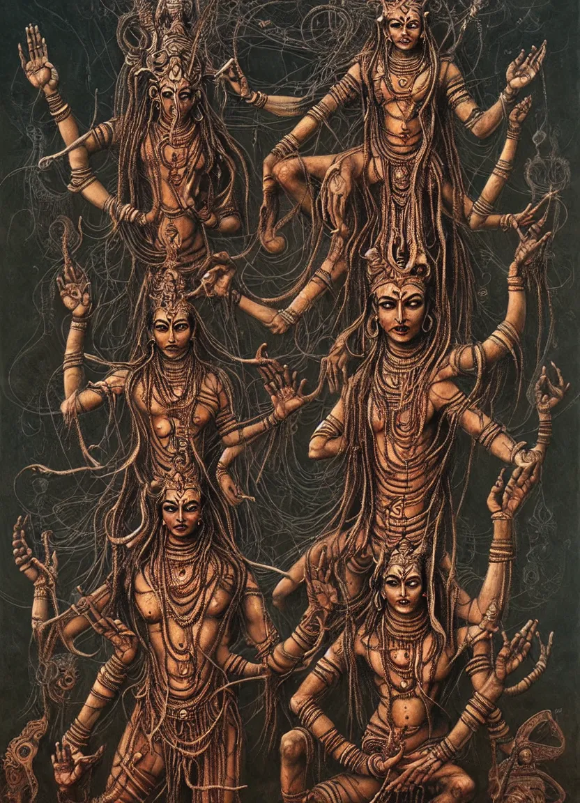 Image similar to Many-armed Shiva is dancing. Dark colors, high detail, hyperrealism, intricate details, masterpiece, art by Greg Broadmore, Esao Andrews, Beksinski, Giger