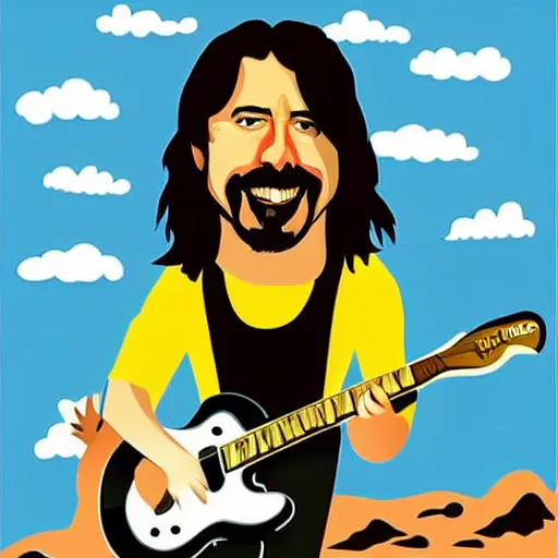 Prompt: Dave Grohl, playing guitar on mountain top, cartoon