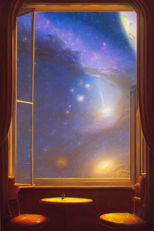 Prompt: a beautiful painting of a large cozy cafe, stars and nebulas through the windows, moebius, thomas cole, patrick markle, moody lighting, oil on canvas, 8 k, 4 k, highly detailed