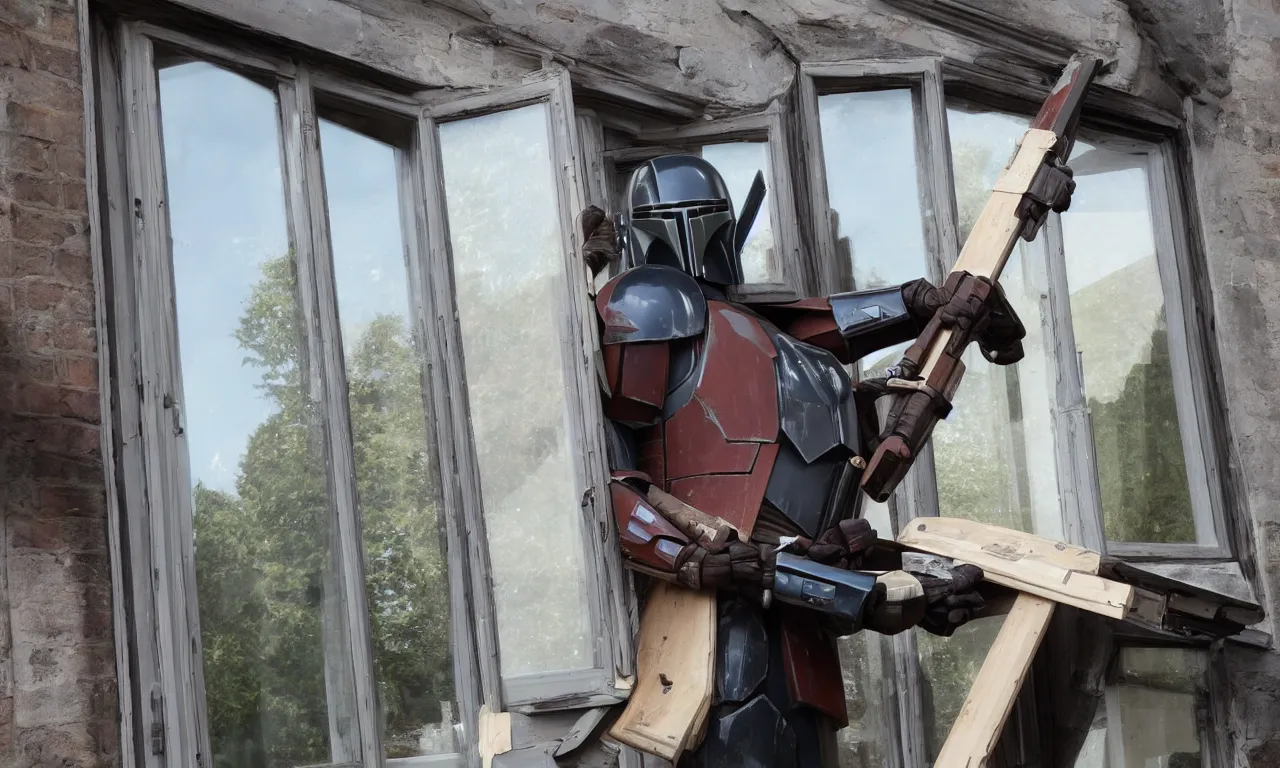 Prompt: photo of overweight mandalorian dismantling sash window in England