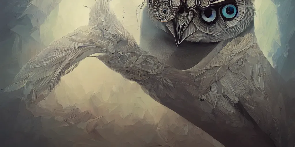 Image similar to portrait of a geometric owl, identical eyes, medium shot, illustration, full body made of white feathers, symmetrical, art stand, super detailed, cinematic lighting, and its detailed and intricate, gorgeous, by peter mohrbacher