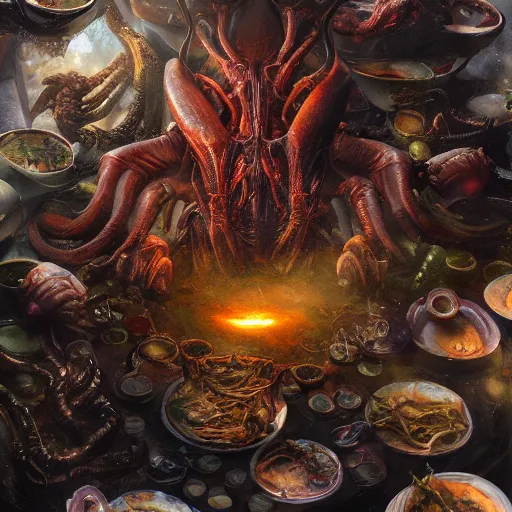 Image similar to A close up shot of a table-spread of amazing Alien food of strange things hot and fresh and steaming, ultra high detailed, oil painting, Greg Rutkowski, Charlie Bowater, Yuumei, Yanjun Cheng, unreal 5, DAZ, hyperrealistic, octane render, RPG portrait, dynamic lighting, fantasy art, beautiful