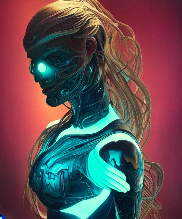 Image similar to Supermodel woman turning into an Android portrait, dark surrealism , scifi, intricate, elegant, highly detailed, teal neon glowing eyes, digital painting, artstation, concept art, smooth, sharp focus, illustration, art by artgerm and moebius and alphonse mucha