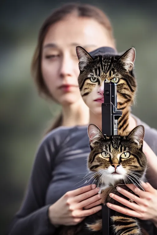 Prompt: photo of the girl, her cat and her railgun, symmetrical, cinematic, real dlsr photography, sharp focus, 4 k, ultra hd, sense of awe, military journal cover