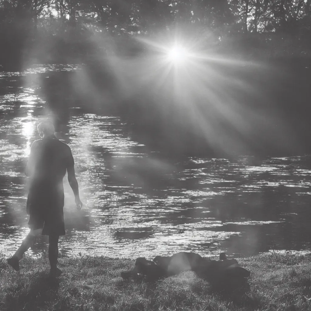 Prompt: a hunched over fallen angel next to a lake with the sun shining on him, monochrome photo, highly detailed