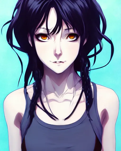 Prompt: style of madhouse studio anime, rei hiroe, loish, artgerm, joshua middleton, portrait of revy from black lagoon, symmetrical eyes and symmetrical face, jean shorts, white tank top, waist up, smirk on face, evening, natural lighting