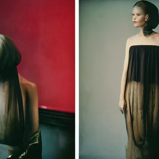 Image similar to realistic! photoshoot for a new maison margiela lookbook, color film photography, portrait of a beautiful woman, in style of Campbell Addy, 35mm