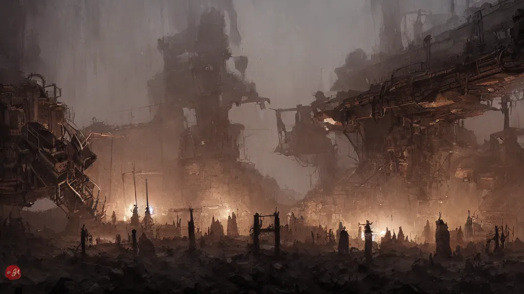 Image similar to dark underground iron mine with miners, papyrus, watercolored, jakub rozalski, dark colours, dieselpunk, artstation