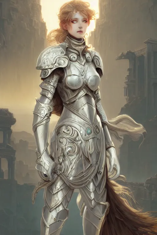 Image similar to portrait young knights of Zodiac girl, matt white color armor, in ruined Agora of Athens Sunrise, ssci-fi and fantasy, intricate and very beautiful and elegant, highly detailed, digital painting, artstation, concept art, smooth and sharp focus, illustration, art by tian zi and WLOP and alphonse mucha