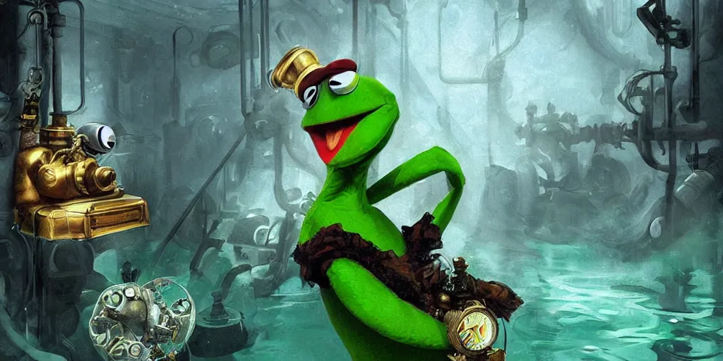 Image similar to digital art, trending on artstation, pin ups of kermit the frog in an underwater steam punk world