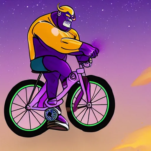 Image similar to thanos riding a bike with training wheels, sunny day,