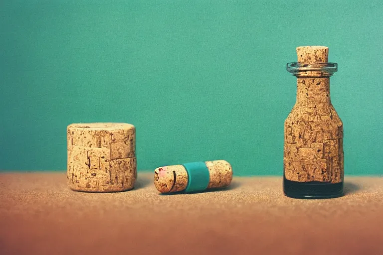 Image similar to small potion with a cork top filled with a green and turquoise gradient liquid, on a desk, old film photo