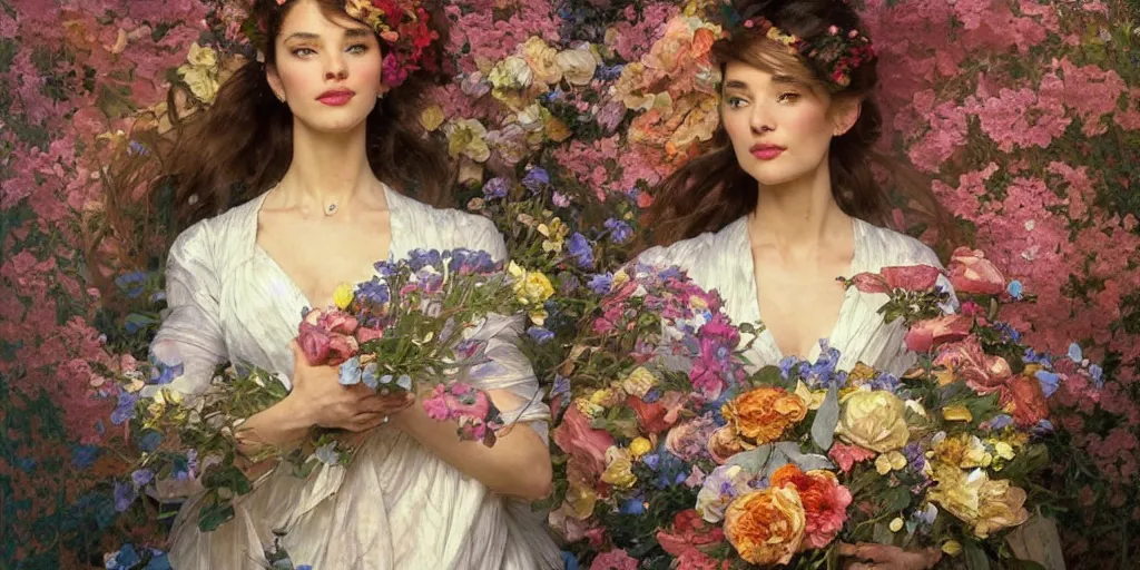 Image similar to portrait of a beautiful mysterious woman holding a bouquet of flowing flowers, hands hidden under the bouquet, large vases filled with flowers in the background, fantasy, regal, intricate, by stanley artgerm lau, greg rutkowski, thomas kindkade, alphonse mucha, loish, norman rockwell