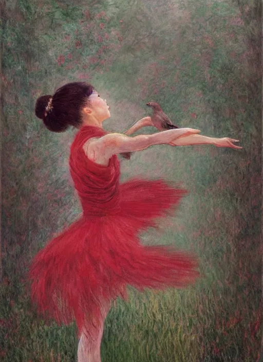 Image similar to a gorgeous prima ballerina japanese art with a red scarf, medium long brown hair, green eyes, is looking at a bird, ethereal, horror, fantasy art by greg rutkowski and magali villeneuve and claude monet