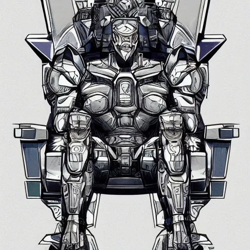 Image similar to Greek God in Mecha style, seated on a throne, front view, totally symmetrical, in the graphic style of Matt Sanz and DC Comics, hyper detailed, trending on artstation, glow