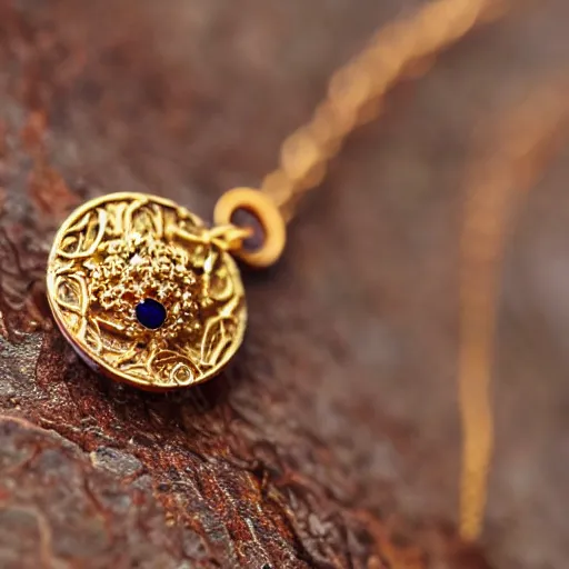 Image similar to macro shot of an intricately detailed!!! golden necklace with an embedded ruby gem, lying on a oak table indoors, sunlit day, f 0. 4