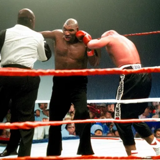 Prompt: Mike Tyson in the boxing ring with Obama