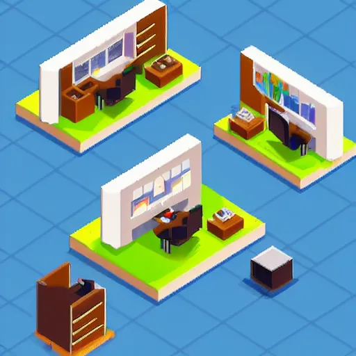 Image similar to a isometric office cute pixel art with computers 4 k detailed unity