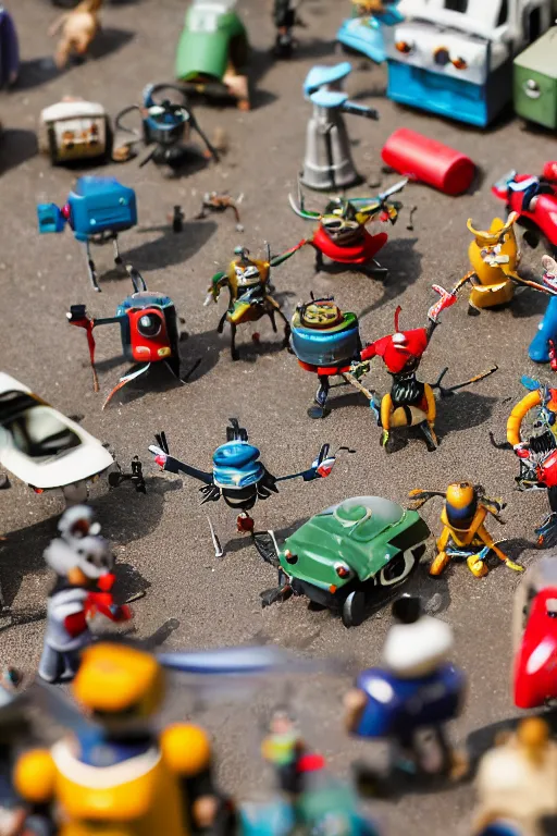 Image similar to high quality presentation photo of a a detailed miniature diorama of retro toy robots invading a detailed model of a 1950s town, photography 4k, f1.8 anamorphic, bokeh, 4k, Canon, Nikon