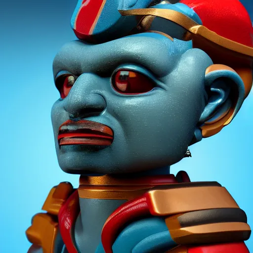 Prompt: closeup headshot 3 d toy maori god as funco toy, plastic, sss, octane 4 k render, studio lighting, artstation, cyan photographic backdrop, 1 0 5 mm, f 2. 8 aperture