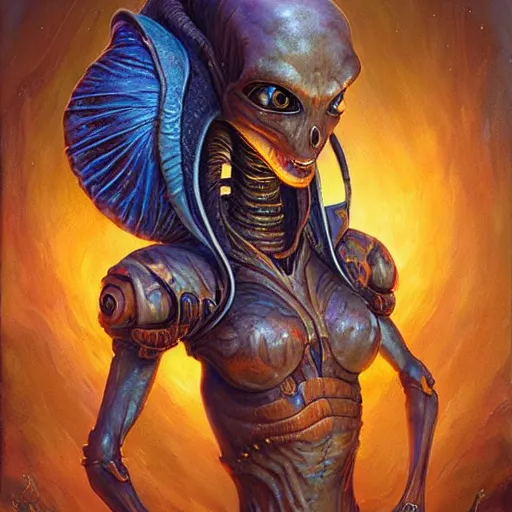 Image similar to a hyper realistic painting of an alien princess by justin gerard, highly detailed, vivid color,