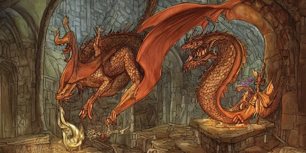 Prompt: a gorgeous fantasy pressed penny art of a dragon inside of a castle dungeon guarding a pile of treasure by Don Bluth and by Moebius