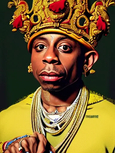 Image similar to lil wayne, wearing a crown : : painted by kehinde wiley : : baroque, hyperreal, digital painting