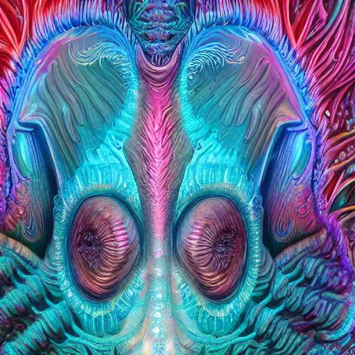 Image similar to Face of a Alien Deity, corals, plume made of fractals, extremly detailed digital painting, in the style of android jones, artwork of a futuristic artificial intelligence superstar, mystical colors, rim light, beautiful lighting, 8k, stunning scene, raytracing, octane, under water visual distortion, trending on artstation