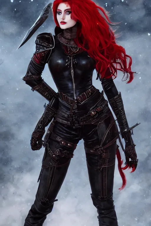 Prompt: Beautiful Rogue lady, red hair, Black leather armor, high fantasy, Katherine mcnamara inspired, very detailed face, high fantasy, matte painting, by Frank Franzzeti, trending on Artstation, trending on Deviantart, artstationHQ, cgscoiety, artstationHD, full color, ultra HD, 8k