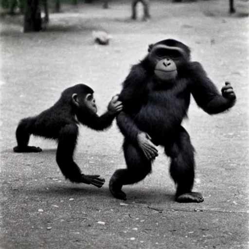 Image similar to a baby gorrila and a baby playing together, 1960s photography.