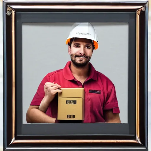 Image similar to an potrait of man with construction hat holding a package, the picture inside a photo frame, oil painting, 4K