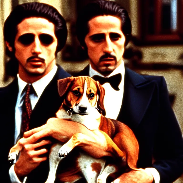 Prompt: man holding a dog photograph, the godfather film screencap, 1 9 7 2