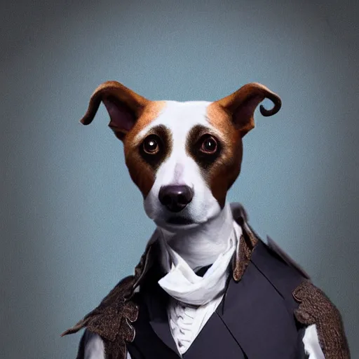 Prompt: dog, alexander hamilton style, beautiful costume, dark fantasy, liminal space, dark paradise, digital art, 4 k