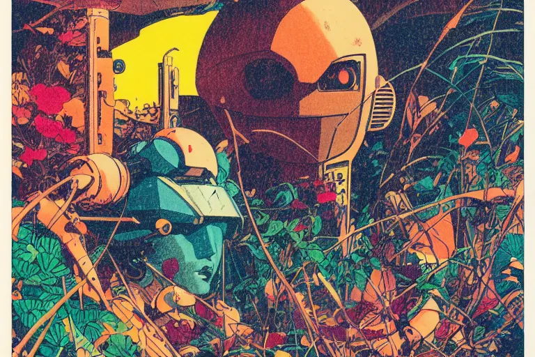 Image similar to risograph grainy drawing vintage sci - fi, satoshi kon color palette, gigantic gundam, covered with exotic flora, 1 9 8 0, kodachrome, natural colors, comicbook spreadsheet, codex seraphinianus painting by moebius and satoshi kon and dirk dzimirsky close - up portrait