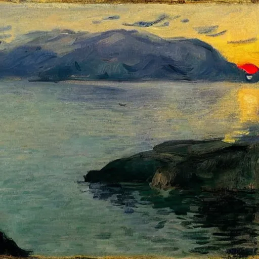 Prompt: impressionist painting of the sunset into a Norwegian fjord by Edouard Manet