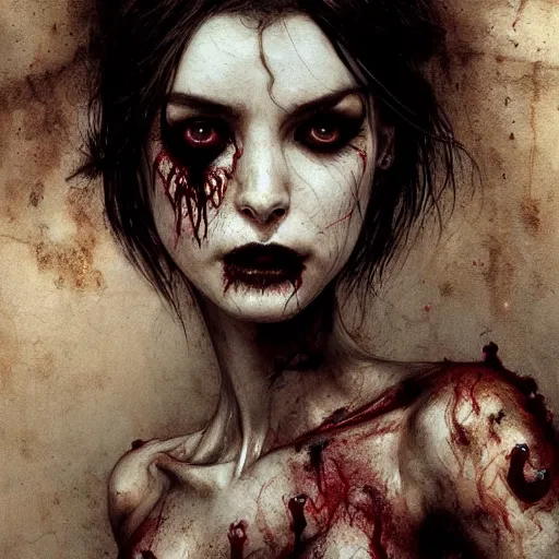 Image similar to A closeup portrait of an attractive zombie girl, fullbody, horror, intricate, moody, highly detailed, artstation, concept art, smooth, sharp focus, illustration, art by greg rutkowski and orientalism and bouguereau and Zdzislaw Beksinski, Dungeons & Dragons, good clear quality, lighting, biology, symmetrical artwork, evil, 135 mm, cinematic, hyper realism, high detail, octane render, 8k, chrome accents