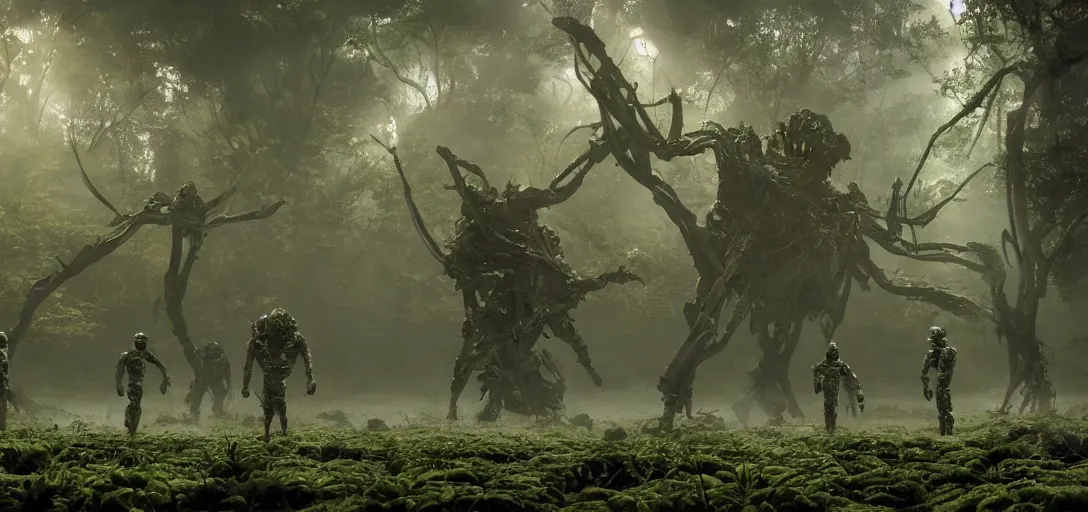 Image similar to astronauts stumbling upon a complex organic fractal 3 d metallic symbiotic ceramic humanoid megastructure creature in a swampy lush forest, foggy, sun rays, cinematic shot, photo still from movie by denis villeneuve, wayne barlowe