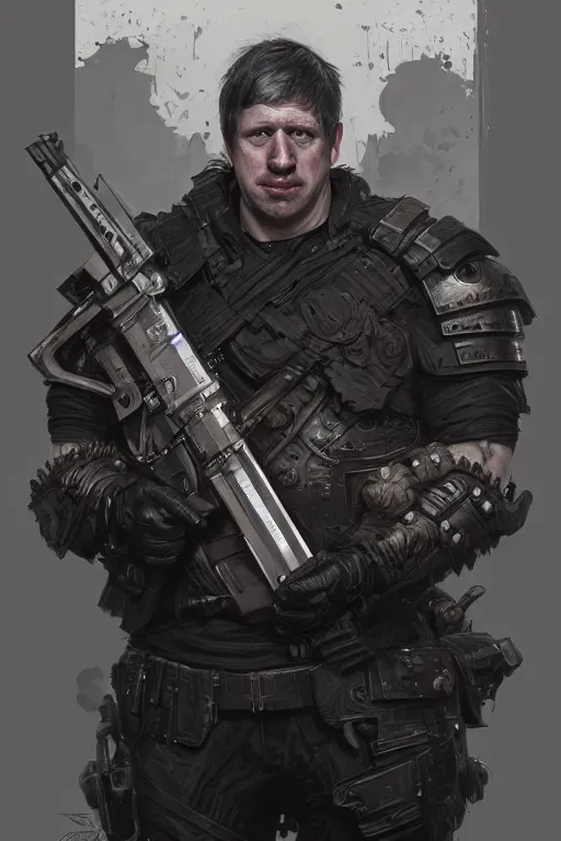 Image similar to boris johnson as punisher, armor plate, realistic portrait, symmetrical, highly detailed, digital painting, artstation, concept art, smooth, sharp focus, illustration, cinematic lighting, art by artgerm and greg rutkowski and alphonse mucha