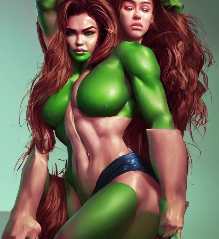 Image similar to madison beer as shehulk, au naturel, hyper detailed, digital art, trending in artstation, cinematic lighting, studio quality, smooth render, unreal engine 5 rendered, octane rendered